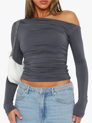 Ruched Off-Shoulder Long Sleeve Top - Charcoal Gray NEVER WORN thumbnail 1