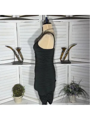 Vintage Y2K black mini dress ruched stretchy bodycon deep V homecoming clubbing thumbnail 3