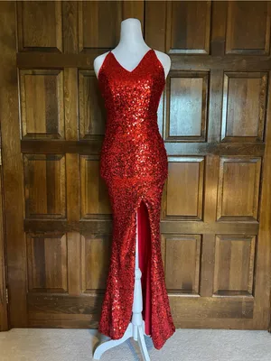 FAERIESTY Red Sequin Maxi Dress V-Neck Backless High Slit Formal Prom Gown XS thumbnail 2