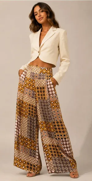 Drew mixed media print silky wide leg pants, pull up, pockets, highwaisted, sz S thumbnail 1