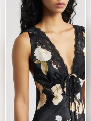 Lulus Judith Floral Jacquard Satin Lace Maxi Slip Dress Black XS NWT $110 thumbnail 4