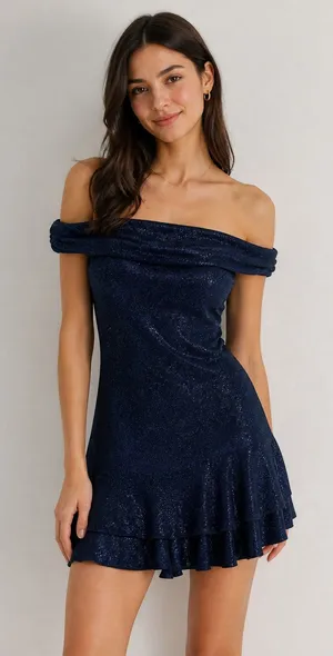 CHICME Women's Navy Blue Glitter Off Shoulder Ruffle Mini Dress Size L thumbnail 1