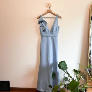 Mac Duggal Blue Sleeveless V Neck Bow Detail Mermaid Gown Size 2 thumbnail 5