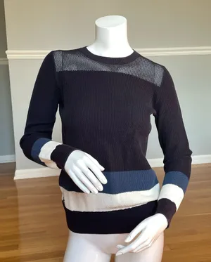 Lacoste Striped Knit Crewneck Pullover Sweater Women’s Size 36 Navy Blue White thumbnail 1