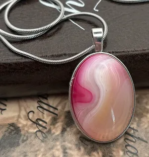 Pink Banded Agate Statement Necklace 20” Romantic Boho Gemstone thumbnail 1