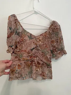 MERAKI Mauve Pink Floral Mesh Ruched Short Sleeve Puff Sleeve Crop Top Blouse L thumbnail 14
