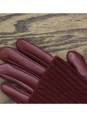 NWT Steve Madden Soft Faux Leather Gloves with Ribbed Knit Cuff Burgundy Red thumbnail 5