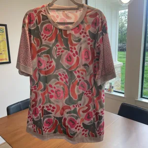 Abstract Painterly Floral Top Mixed Media Dotted Sleeve Maximalist XL Teacher thumbnail 4