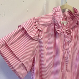 Patty Kim Pink White Striped Ruffle Neck Tiered Sleeve Blouse Medium Boho thumbnail 6