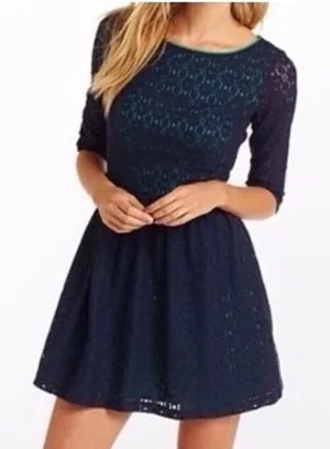 Lilly Pulitzer Navy Blue Green Lace Fit Flare Dress 3/4 Sleeve Keyhole Back 6 thumbnail 1