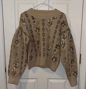 Shop Stevie Beige Floral Crewneck Sweater thumbnail 1