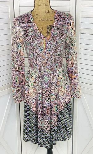 Maeve Anthropologie‎ Tiled Amethyst Dress XS Smocked Long Sleeve Boho Mosaic thumbnail 1