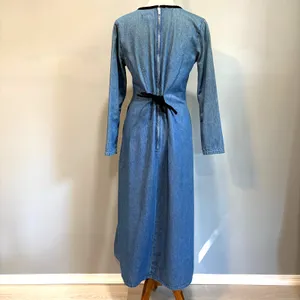 VTG Blue Denim Maxi Dress Long Sleeve Pleated Modest Farm Tradwife, Size 8 thumbnail 6