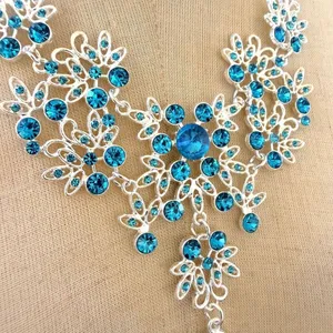 Silver Tone blue Rhinestone Statement Bib Necklace Drop Pendant thumbnail 5