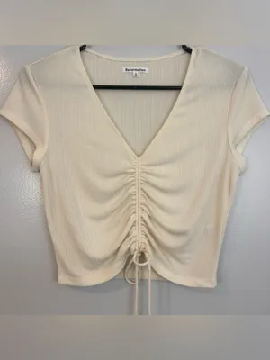 Reformation Mariam Short Sleeve Cream/Ivory Knit Ribbed Top Size Small thumbnail 3