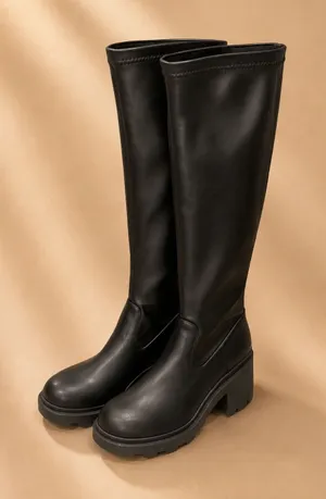 Steve Madden Women Knee High Boots 10 Black Faux Leather Lug Sole Platform Heel thumbnail 1