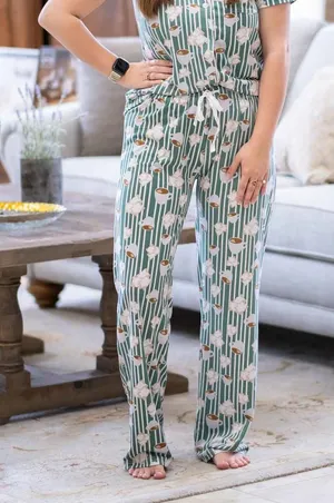 The Royal Standard Beignet Striped Print Drawstring Waist Pajama Pants Green and White thumbnail 1