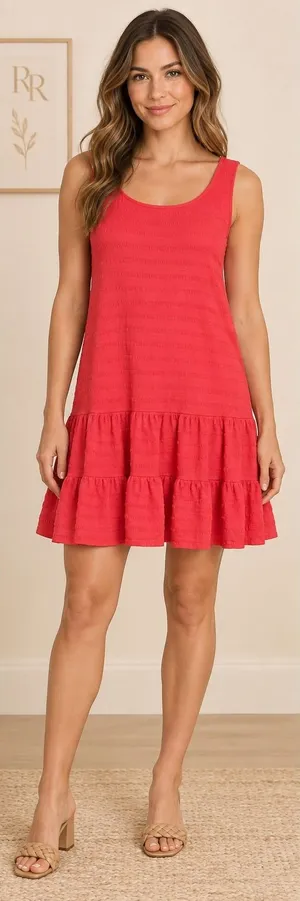 Anthropologie Open Back Tiered Mini Dress Coral Pink Textured Stripe Large thumbnail 1