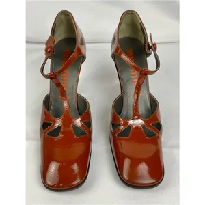 Vintage Miu Miu Y2K Pumps Patent Leather Cutout T-Strap Block Heel EU 36 Cognac thumbnail 2
