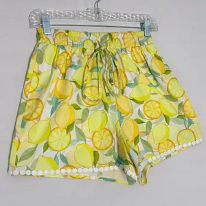 Avec‎ Les Filles Lemon Print Shorts XS Yellow Cotton Lace Trim Summer Drawstring thumbnail 3
