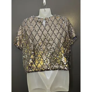 Mi Ami Blouse Womens Medium Gold Sequin Argyle Cropped Top Party Holiday thumbnail 6