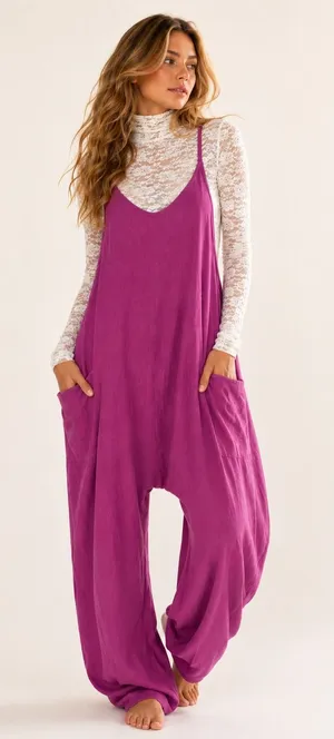 Hot Romper Magenta Jumpsuit Summer Pockets Yoga Lounge Clean Girl Quiet Luxury M thumbnail 1