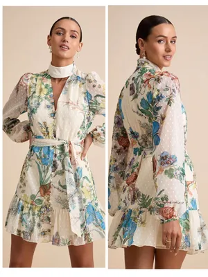 Lulus Ayame Ivory Floral Swiss Dot Balloon Sleeve Mini Dress Size Medium NWT Tie thumbnail 2