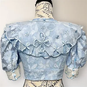 For Love & Lemons Uma Lace Crop Top S Blue Embroidered Puff Sleeve NWT Fairycore thumbnail 4