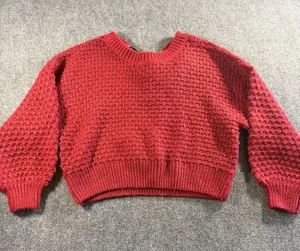 Altar'd State Betty Plaid Burgundy Tieback Textured Crewneck Crop Sweater Sz M thumbnail 1
