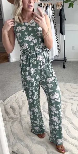 Baltic Born Margaux Wide‎ Leg Cinched Waist Dusty Green Floral Jumpsuit Small thumbnail 1