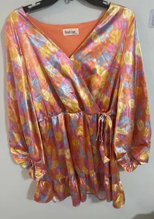 Peach Love California Orange Floral Satin Wrap Dress - Balloon Sleeve - Boho Mini thumbnail 1