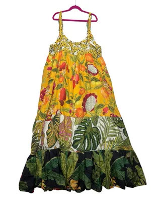 Farm Rio size medium mixed prints Tropical Yellow Floral Maxi Dress beaded thumbnail 13