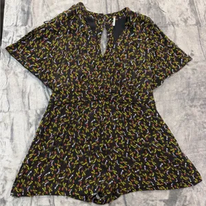 Free People Romper Womens Black Floral Leaf Print Open Back Flutter Sleeve 12 thumbnail 3
