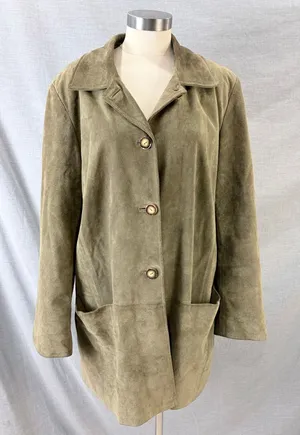 J. Jill Womens Olive Green 100% Calfsuede Leather Satin Lined‎ Car Coat Size M thumbnail 1