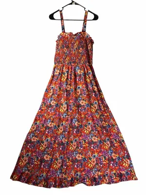 Band of Gypsies Collective XL Floral Smocked Maxi Dress Red Orange Ruffle Boho Sundress thumbnail 5