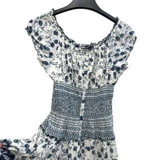 Mixed floral print boho smocked shirred midi maxi patchwork navy white dress thumbnail 5