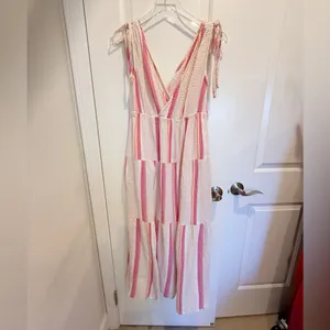 MARINE LAYER Tiered V-neck‎ Stripe Maxi Dress Gauzy Airy size Small Pink thumbnail 4