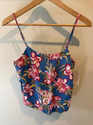 A New Day XS Blue Tropical Floral Coquette Linen-Blend Strappy Cropped Tank Cami thumbnail 1