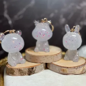 Handmade Glittery Resin Animal Keychains, Rabbit, Deer, Bear with pink glitter, gold thumbnail 2
