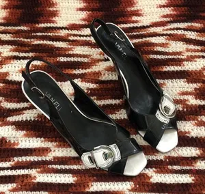 90s/2000s Y2K Vaneli Black White Open Peep Toe Silver Buckle Genuine Leather Slingback Pumps Kitten Heel Shoes Gothic Office Siren Core Dark Academia Whimsygoth Corporate-7.5N Measurement in pics thumbnail 1