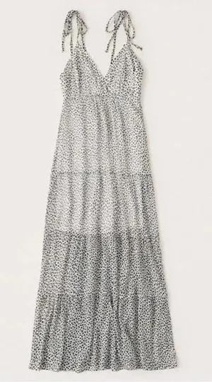 Abercrombie & Fitch Chiffon Flowy Tiered Maxi Dress White Geo Print size M flaw thumbnail 1