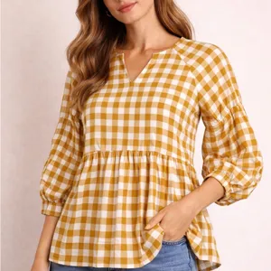 Maeve Mustard Gingham Peplum Blouse Women’s L 3/4 Sleeve Tunic thumbnail 1