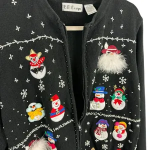 BP‎ Design Vintage Black Full Zip Snowman Snowflake Christmas Sweater Cardigan L thumbnail 4