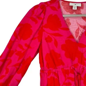 Kate Spade‎ x Target Vibrant Bright Red Pink Linen Blend Long Sleeve Midi Dress thumbnail 7