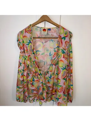 Farm Rio by Anthropologie $138 Rainforest Summer Fruit Print Wrap Blouse Medium thumbnail 3