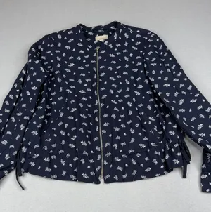 LOFT Navy Floral Zip Front Peplum Jacket Blouse Tie Waist Lined Medium thumbnail 1