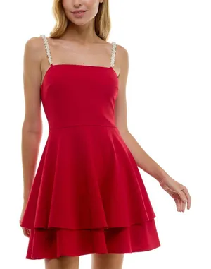NWT City Studios Pearl-Strap Sleeveles Tiered Fit & Flare Dress Garnet Red 7/8 thumbnail 1