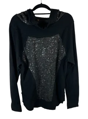 Free People‎ Sequin Mixed Media Hoodie Black Charcoal Grey Pullover Small boho thumbnail 1