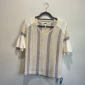 Free People Cream Knit Cropped Top with Blue and Orange Stripes thumbnail 3
