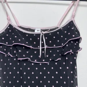 Women Baby Cami Top Small Black Pink Polka Dot Mesh Ruffle Trim Bow Y2K Indie thumbnail 5